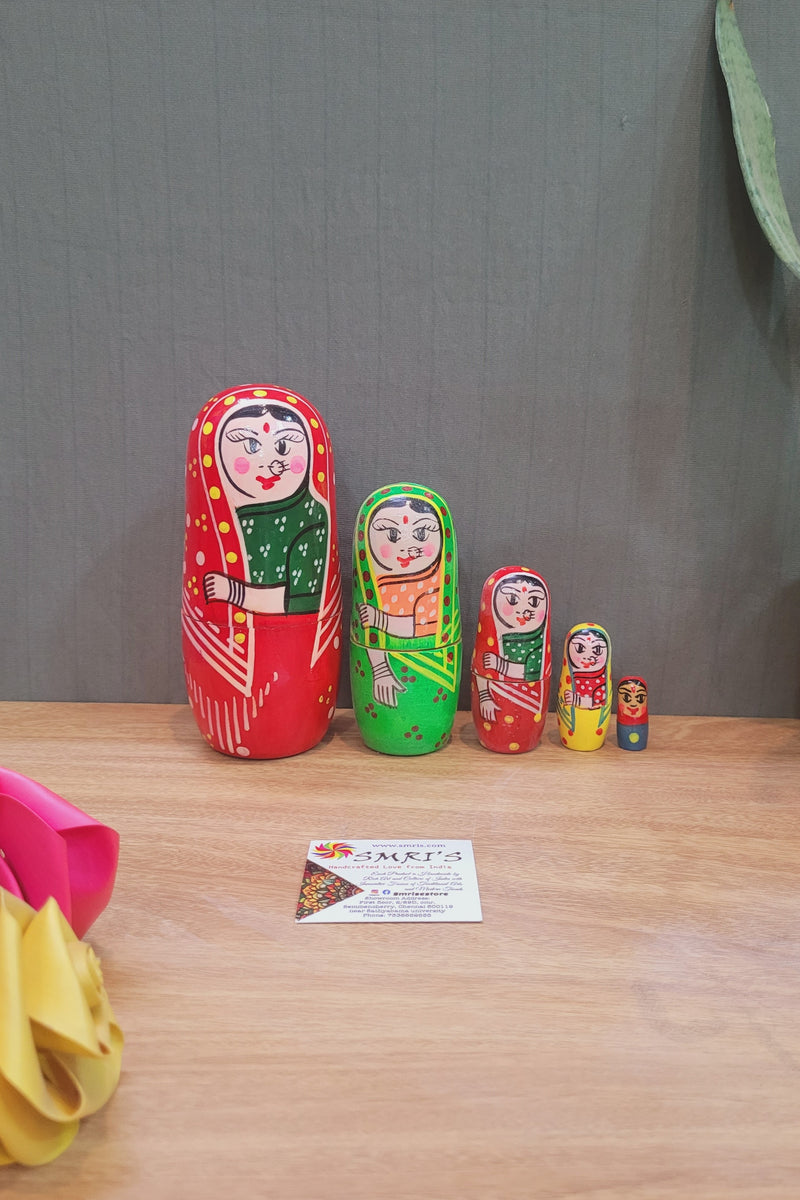 Wooden 5 in 1 Red Nesting doll Set with multi color called as Russian doll indian Handicrafts (6H * 3L * 3W) inches Show piece Home decor