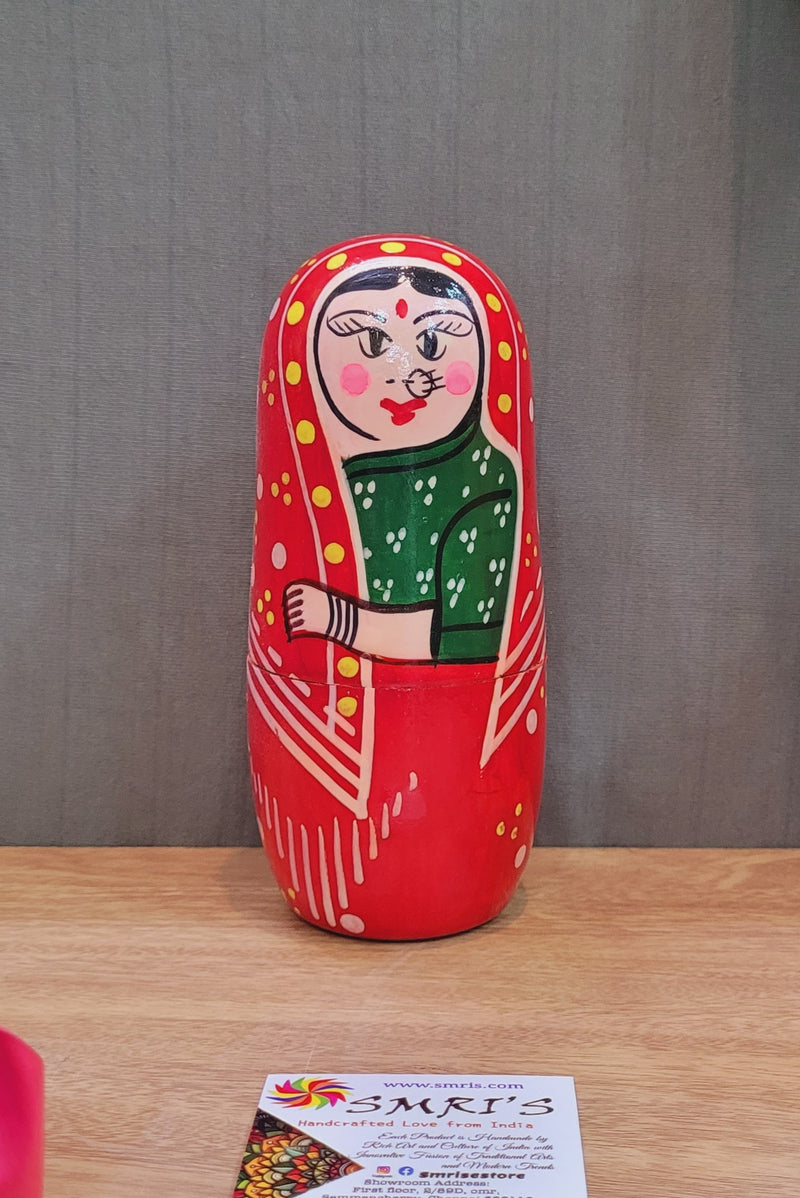Wooden 5 in 1 Red Nesting doll Set with multi color called as Russian doll indian Handicrafts (6H * 3L * 3W) inches Show piece Home decor