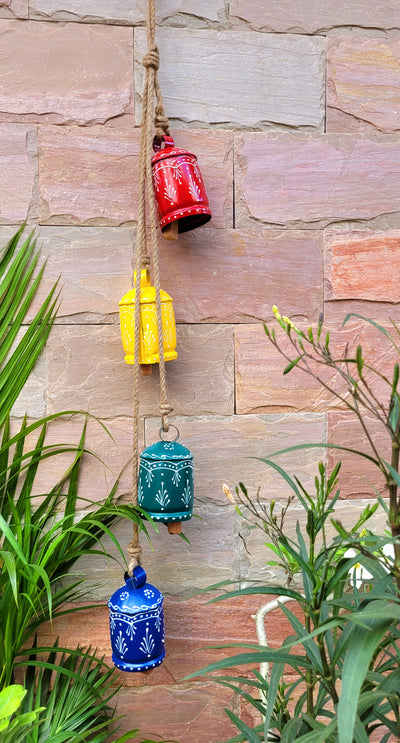 4 in 1 Large bells cluster Multicolor Hanging temple bells cow bells Balcony decor and home decor foyer decor indian handicrafts ( 21 H x 8 L x 1 W) inches