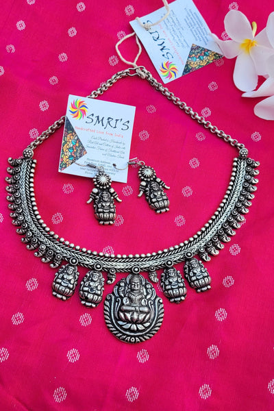 German oxidised silver Temple 5 Lakshmi Necklace With Earring set