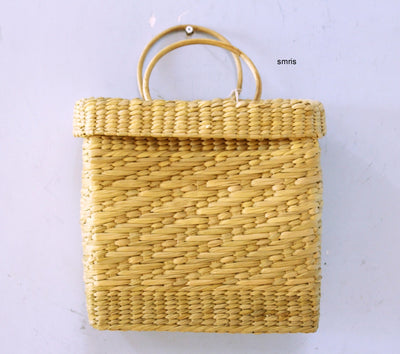 Hand Weave Kauna Rectangle Box Type Hand Bag with Handle