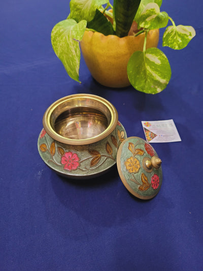 Traditional Maharashtrian Hand made Brass Haandi Handi Nut Bowl Hand Painted Green