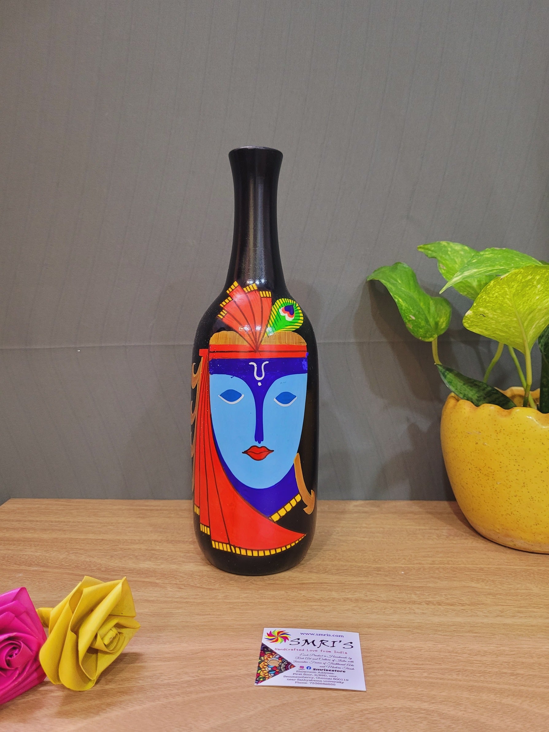 Wood Krishna Flower Vase Show piece handpainted home decor