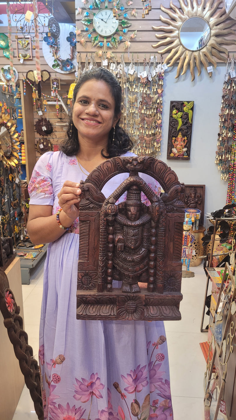Lord Balaji / Perumal Statue Idol Wall Panel Rosewood Colour Vaagai Wooden Carving Wood Frame Wall Hanging Decor Puja Room Decor Traditional Indian Handicrafts ( 18H * 12L * 2.5W ) inches