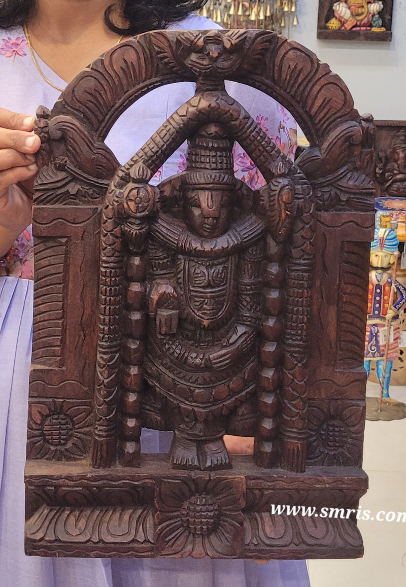 Lord Balaji / Perumal Statue Idol Wall Panel Rosewood Colour Vaagai Wooden Carving Wood Frame Wall Hanging Decor Puja Room Decor Traditional Indian Handicrafts ( 18H * 12L * 2.5W ) inches
