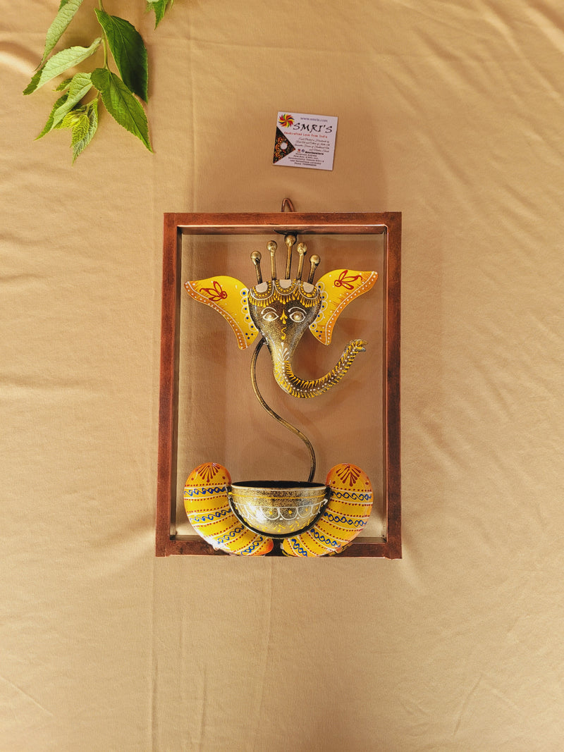 Ganesha Wall Frame Hanging T light holder Pooja Decor Wall Decor Yellow tea light holder candle holder iron export quality Indian gifts ( 10.5 H * 6.5 L * 3.5 W) Inches