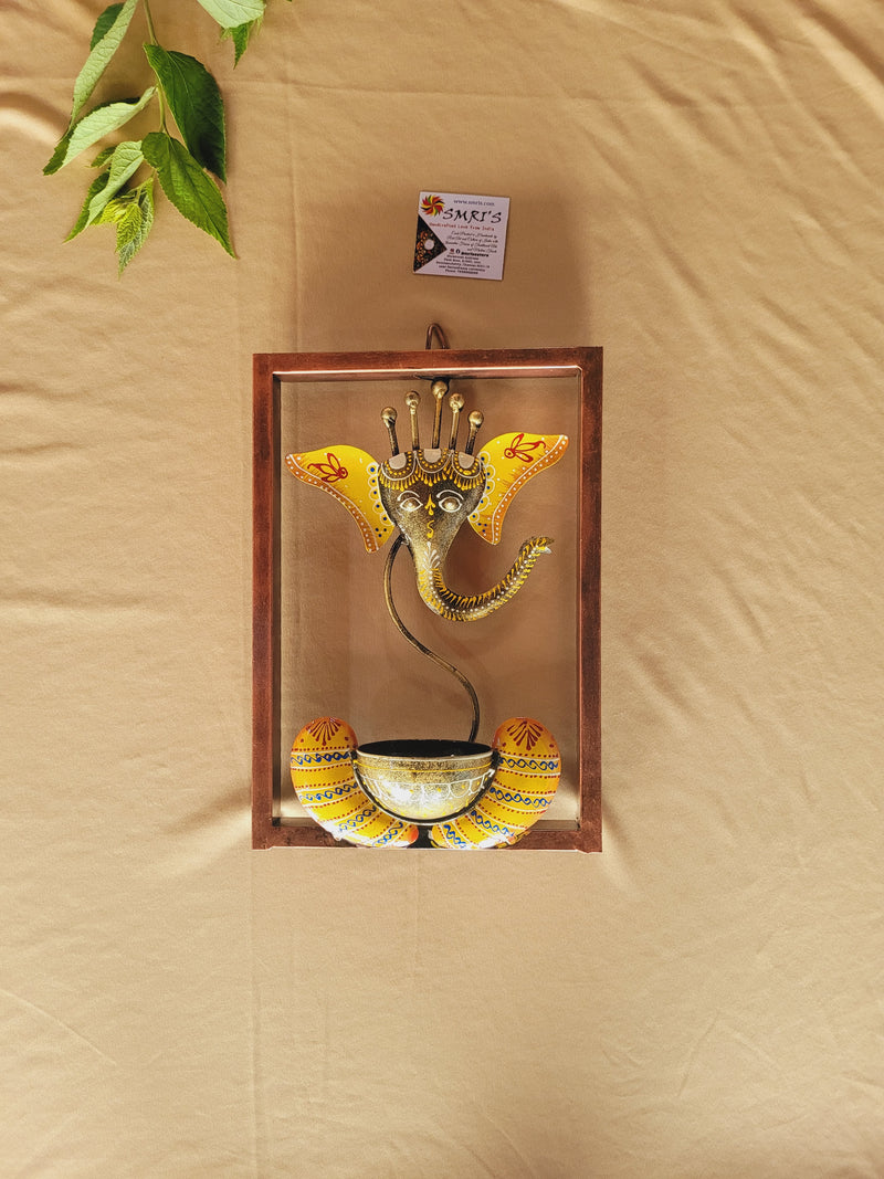 Ganesha Wall Frame Hanging T light holder Pooja Decor Wall Decor Yellow tea light holder candle holder iron export quality Indian gifts ( 10.5 H * 6.5 L * 3.5 W) Inches