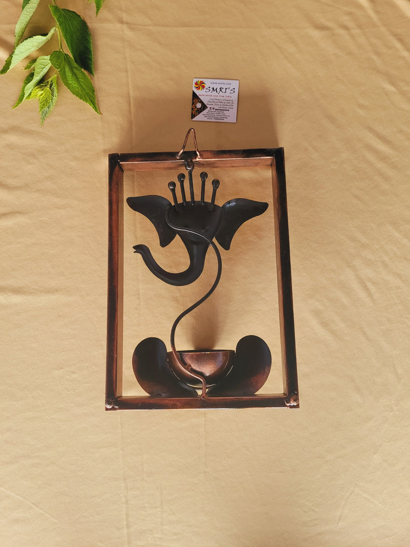 Ganesha Wall Frame Hanging T light holder Pooja Decor Wall Decor Yellow tea light holder candle holder iron export quality Indian gifts ( 10.5 H * 6.5 L * 3.5 W) Inches