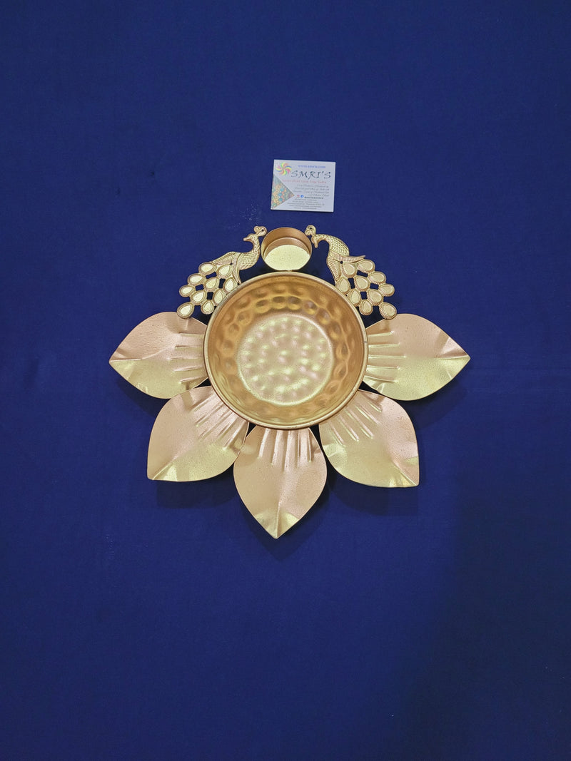 Urli double Peacock with lotus and Deepam candle t light holder for flower decoration diwali decor(1.5 H *11 L * 9.5 W) inches Metal Iron Pooja decor navarathri decor