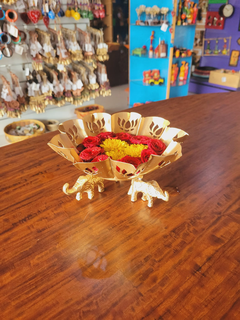 Lotus jali cut Urli for flower decoration with 3 elephant at bottom Beautiful handmade design MEDIUM Size table decor pooja decor office decor diwali decor (5H * 5 L * 8.5 W) inches Home decor metal iron