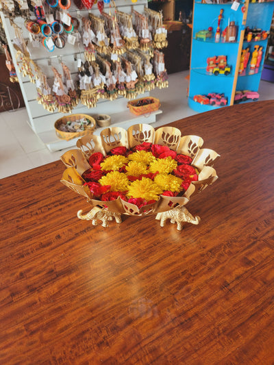 Lotus jali cut Urli for flower decoration with 3 elephant at bottom Beautiful handmade design LARGE Size table decor pooja decor office decor diwali decor (4.5H * 10.5 L * 10.5W) inches Home decor metal iron