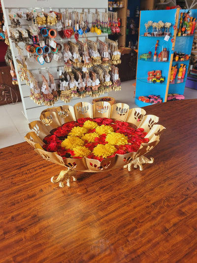Lotus jali cut Urli for flower decoration with 3 elephant at bottom Beautiful handmade design EXTRA LARGE Size table decor pooja decor office decor diwali decor (4.5H * 10.5 L * 10.5W) inches Home decor metal iron