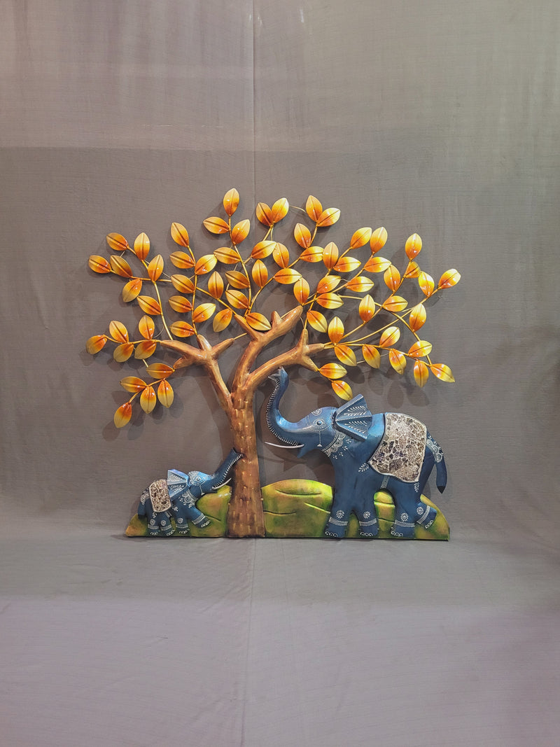 Blue Elephant with Baby under Tree Wall decor ( 34 H * 35.5 L * 3 W ) Inches