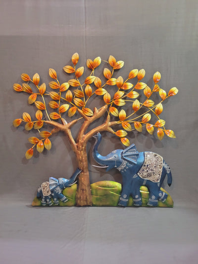 Blue Elephant with Baby under Tree Wall decor ( 34 H * 35.5 L * 3 W ) Inches