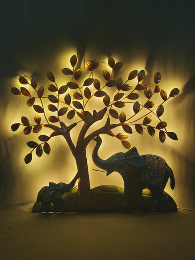 Blue Elephant with Baby under Tree Wall decor ( 34 H * 35.5 L * 3 W ) Inches