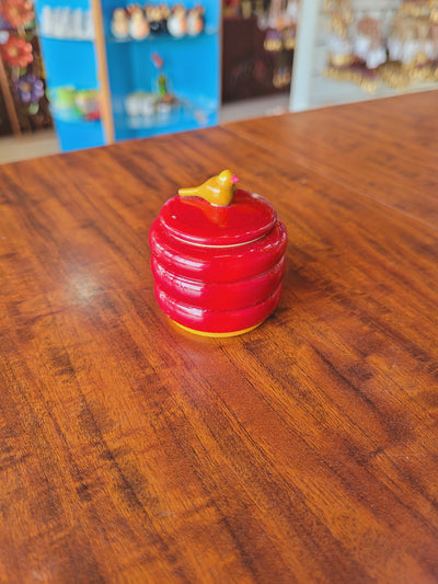 Natural wooden Kumkum Box Red with parrot cute on top pooja decor return gifts plate decoration ( 2 H * 2 L * 2 W ) inches