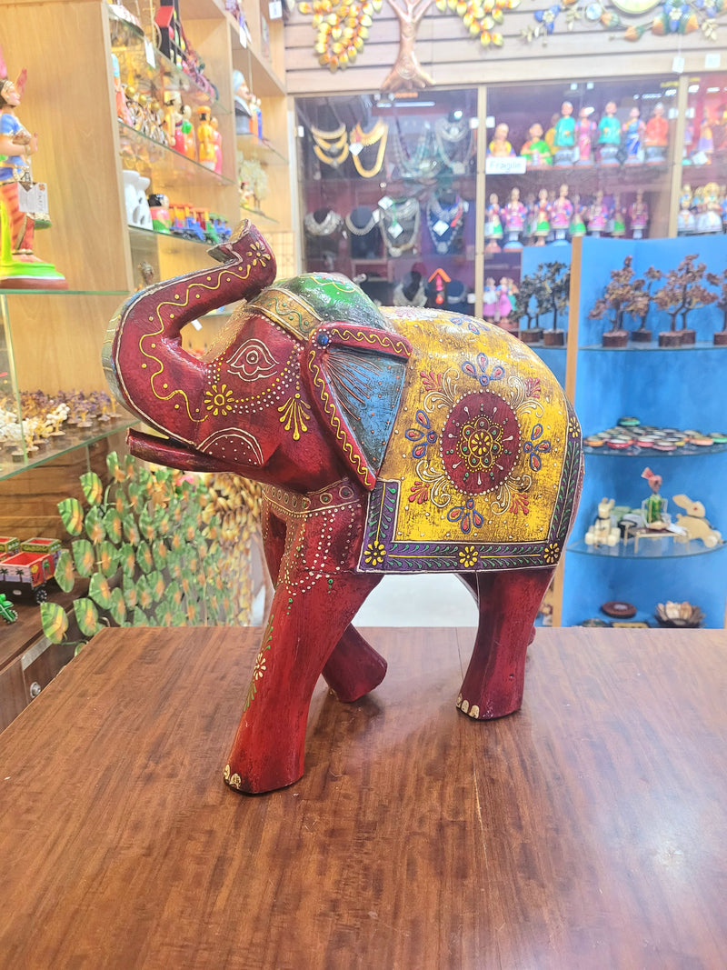 Wooden carving Elephant Red 15" (15 H * 15 L * 6 W ) Inch