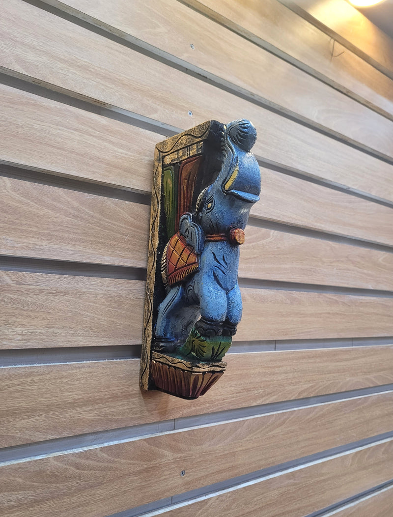 Traditional Handcarved Wooden Elephant Blue Wall Bracket / CORBEL  Wall Hanging Decor  ( 13 H * 6 L * 2 W )  inches