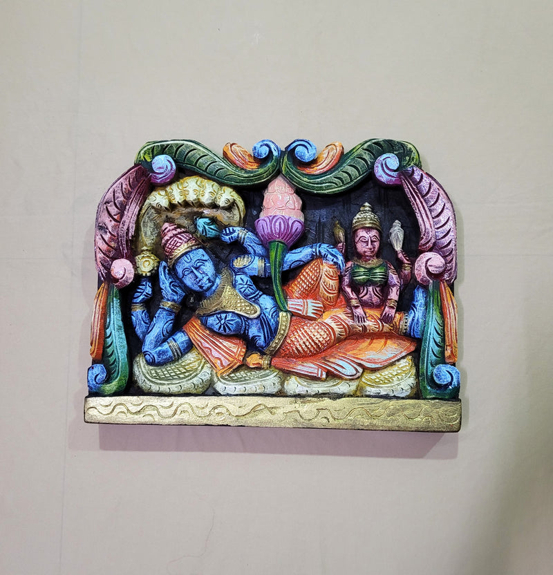 Lord Ranganathar Wooden Wall Panel Frame 14.5 Inch Wall Hanging Mahogany Wood Carving Traditional Chettinad Indian Handicrafts (12 H x 14.5 L x 2 W inches)