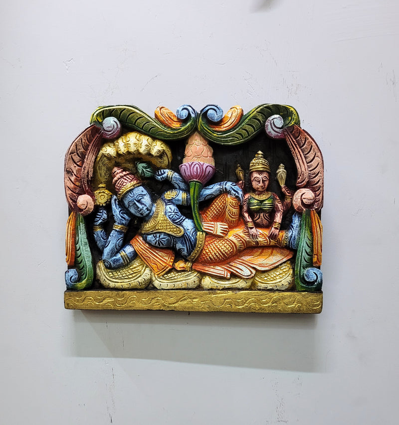 Lord Ranganathar Wooden Wall Panel Frame 14.5 Inch Wall Hanging Mahogany Wood Carving Traditional Chettinad Indian Handicrafts (12 H x 14.5 L x 2 W inches)
