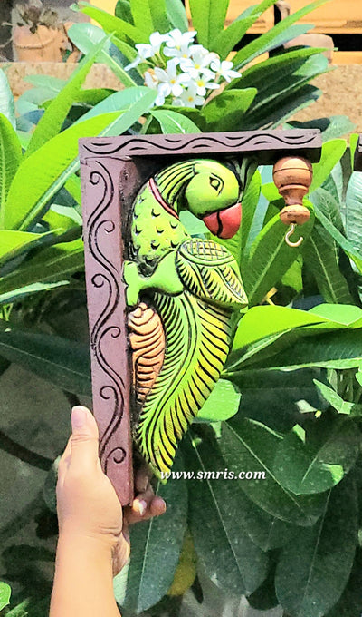 Parrot Wood Carving Wall Bracket / Corbel Maghony Wood Traditional Chettinad Handicrafts green (12 H x 8 L x 2 W inches)