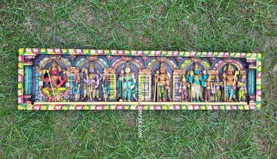 Arupadai Murugar Sri Subramaniam Swamy Wood Wall Panel Wood Carving Mahogany Wood Traditional Chettinad Indian Handicrafts Colour 2 (12 H x 48 L x 2 W Inches)