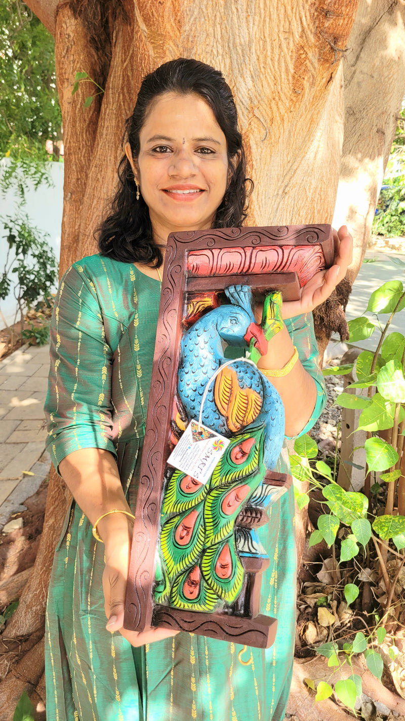 Peacock Big Wood Carving 18 Inch Wall Bracket / Corbel Maghony Wood Traditional Chettinad Handicrafts (18H * 8L * 3W Inches)