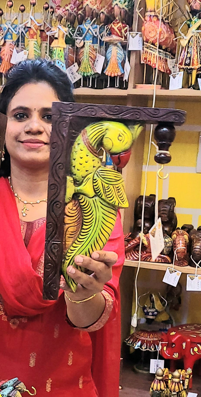 Parrot Wood Carving Wall Bracket / Corbel Maghony Wood Traditional Chettinad Handicrafts green (12 H x 8 L x 2 W inches)