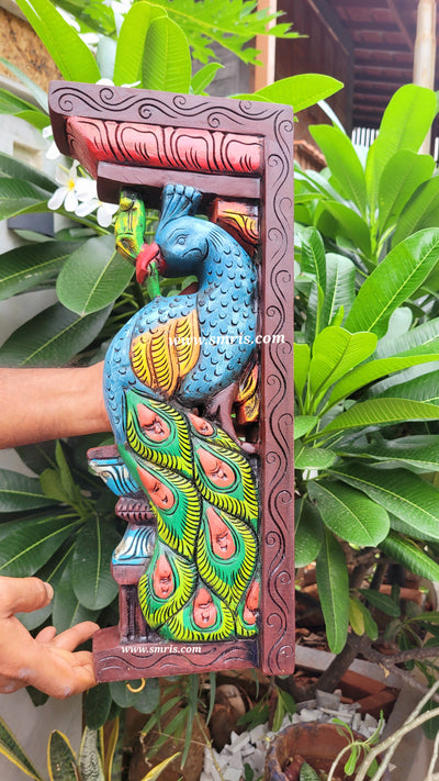 Peacock Big Wood Carving 18 Inch Wall Bracket / Corbel Maghony Wood Traditional Chettinad Handicrafts (18H * 8L * 3W Inches)