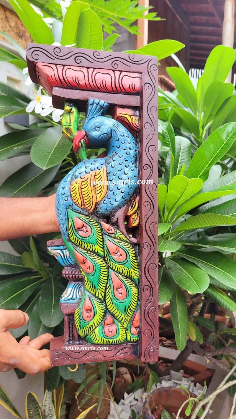 Peacock Big Wood Carving 18 Inch Wall Bracket / Corbel Maghony Wood Traditional Chettinad Handicrafts (18H * 8L * 3W Inches)