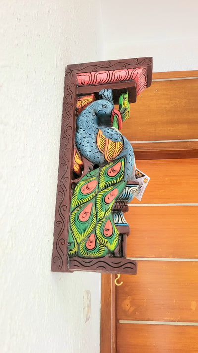 Peacock Big Wood Carving 18 Inch Wall Bracket / Corbel Maghony Wood Traditional Chettinad Handicrafts (18H * 8L * 3W Inches)