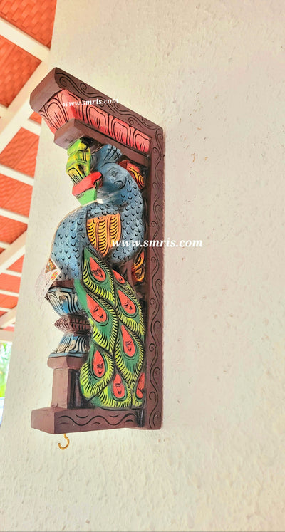 Peacock Big Wood Carving 18 Inch Wall Bracket / Corbel Maghony Wood Traditional Chettinad Handicrafts (18H * 8L * 3W Inches)