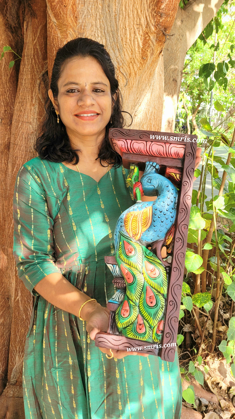 Peacock Big Wood Carving 18 Inch Wall Bracket / Corbel Maghony Wood Traditional Chettinad Handicrafts (18H * 8L * 3W Inches)