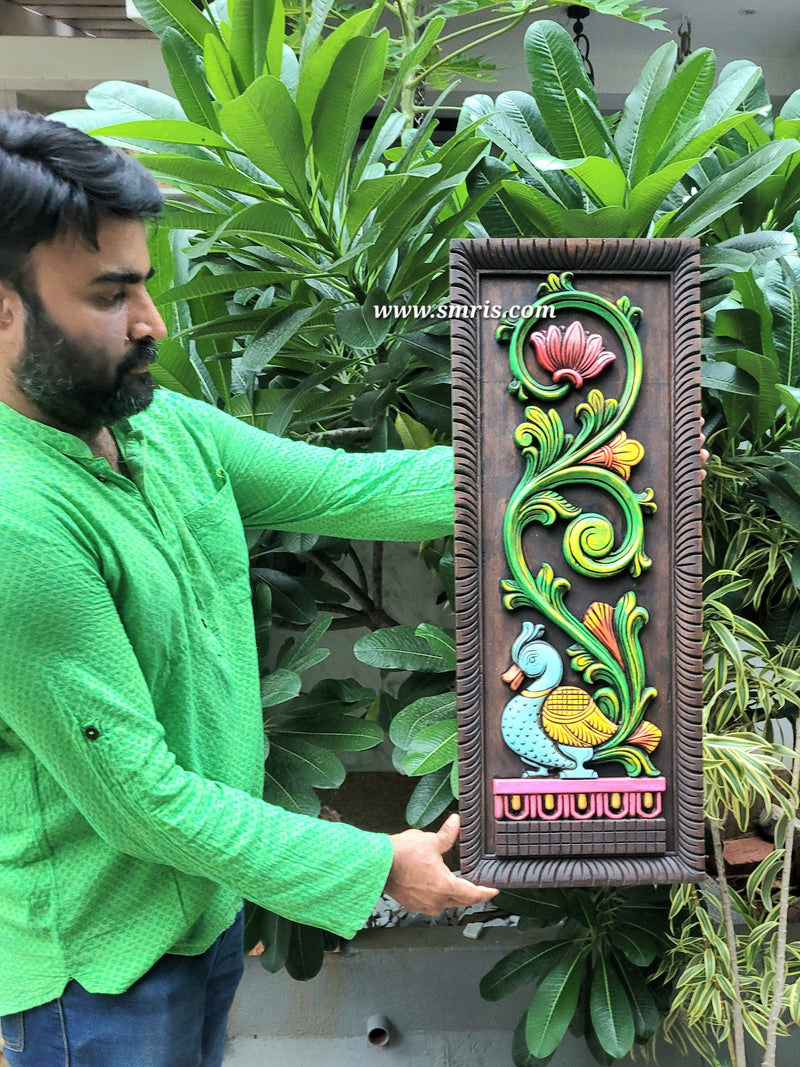 Annam / Annapakshi Flower Right Side Wall Panel Mahogany Wooden Wall Frame 30 Inch big Wooden Carving Hanging Decor Corbel Traditional Chettinad Indian Handicrafts (30 H * 11.5 L * 1.5 W Inches)