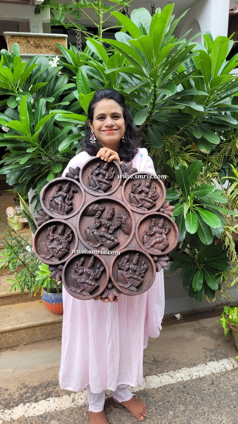 Goddess Ashta Lakshmi Circular Wood Carving Wall Panel Rosewood Colour Vaagai Wood Wall Hanging Traditional Indian Handicrafts (23.5H * 23L * 2W Inches)