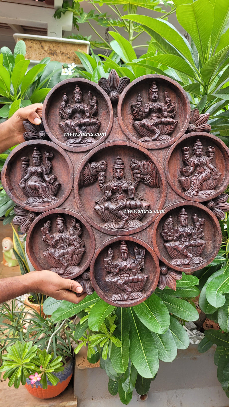 Goddess Ashta Lakshmi Circular Wood Carving Wall Panel Rosewood Colour Vaagai Wood Wall Hanging Traditional Indian Handicrafts (23.5H * 23L * 2W Inches)