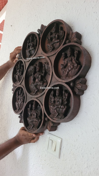 Goddess Ashta Lakshmi Circular Wood Carving Wall Panel Rosewood Colour Vaagai Wood Wall Hanging Traditional Indian Handicrafts (23.5H * 23L * 2W Inches)