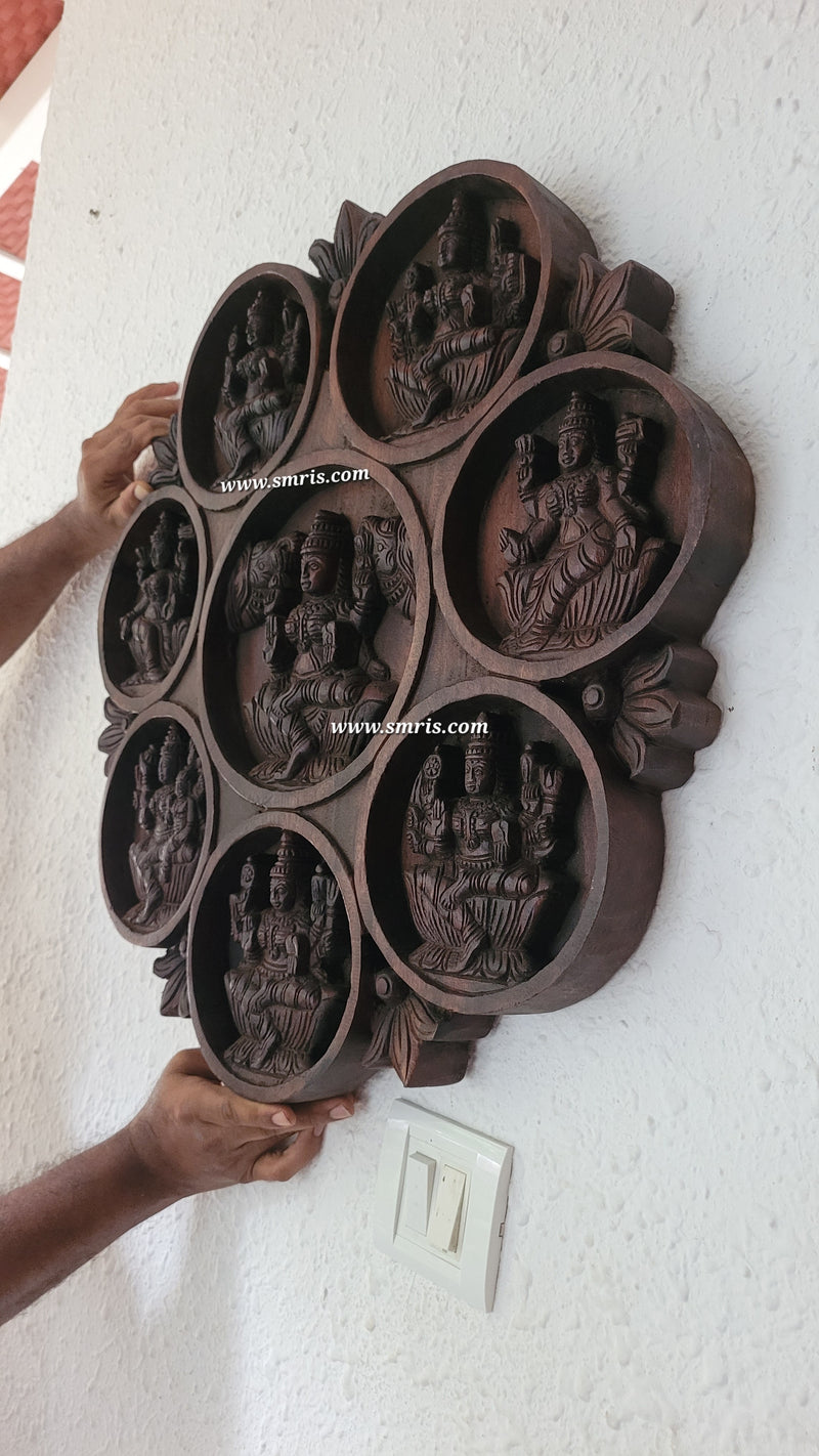 Goddess Ashta Lakshmi Circular Wood Carving Wall Panel Rosewood Colour Vaagai Wood Wall Hanging Traditional Indian Handicrafts (23.5H * 23L * 2W Inches)