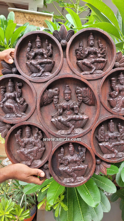 Goddess Ashta Lakshmi Circular Wood Carving Wall Panel Rosewood Colour Vaagai Wood Wall Hanging Traditional Indian Handicrafts (23.5H * 23L * 2W Inches)
