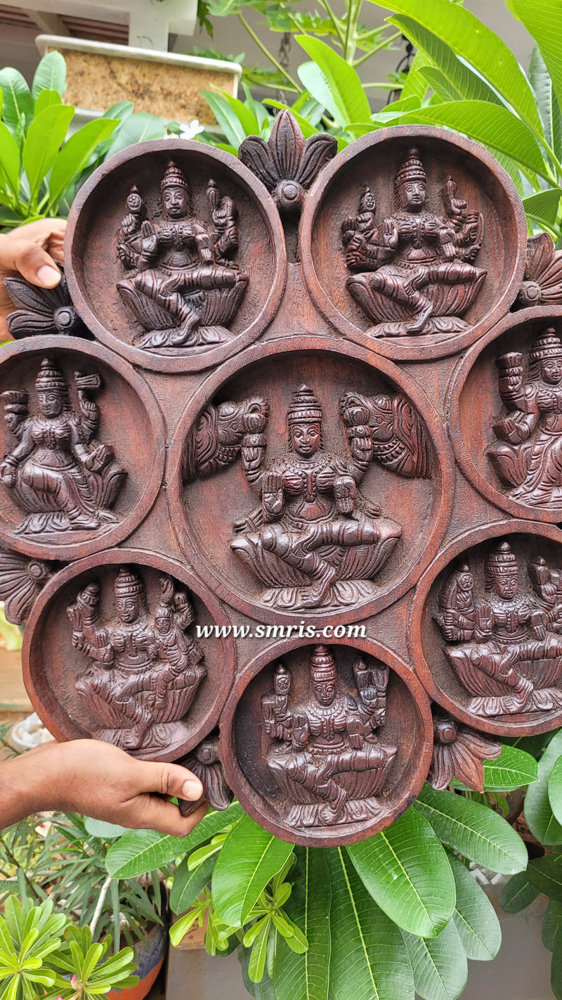 Goddess Ashta Lakshmi Circular Wood Carving Wall Panel Rosewood Colour Vaagai Wood Wall Hanging Traditional Indian Handicrafts (23.5H * 23L * 2W Inches)