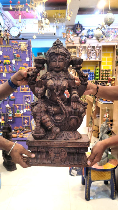 Goddess Lakshmi Wooden Statue Sculpture Idol Rosewood Colour 24 Inch Design 1 Vaagai Wooden Carving Pooja Idol Table Decor Traditional Chettinad Indian Handicrafts (24H x 12L x 4.5W Inches)
