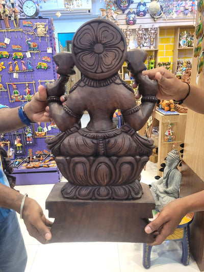 Goddess Lakshmi Wooden Statue Sculpture Idol Rosewood Colour 24 Inch Design 1 Vaagai Wooden Carving Pooja Idol Table Decor Traditional Chettinad Indian Handicrafts (24H x 12L x 4.5W Inches)