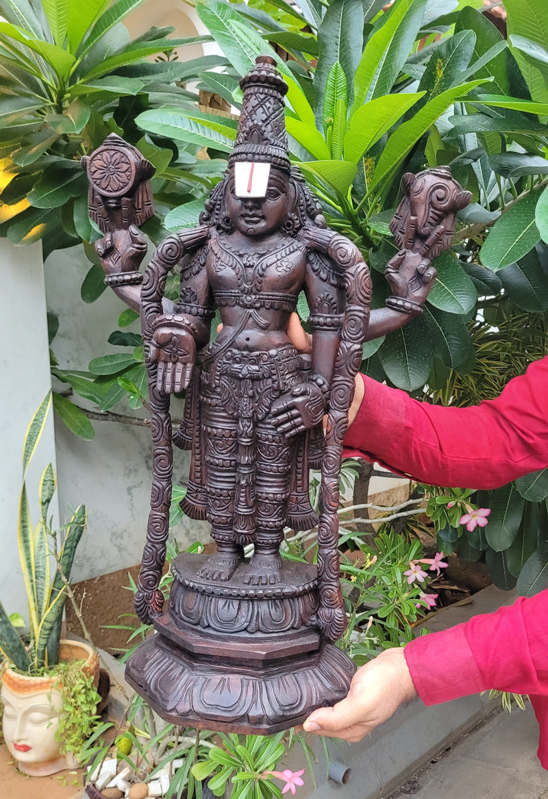 Lord Kalyana Balaji / Perumal Blue Colour Wooden Statue Idol 24Inch Pooja Idol Table Decor Entrance Decor Vaagai Wood Carving Traditional Indian Handicrafts (24H x 13L x 6W Inches)