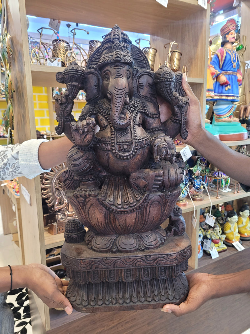 Lord Ganesha Vinayagar Big Wooden Statue Sculpture Idol Rosewood Colour 24 Inch design 1 Pooja Idol Table Decor Vagai Wood Carving Traditional Chettinad Indian Handicrafts (24 H x 12 L x 5 W inches)