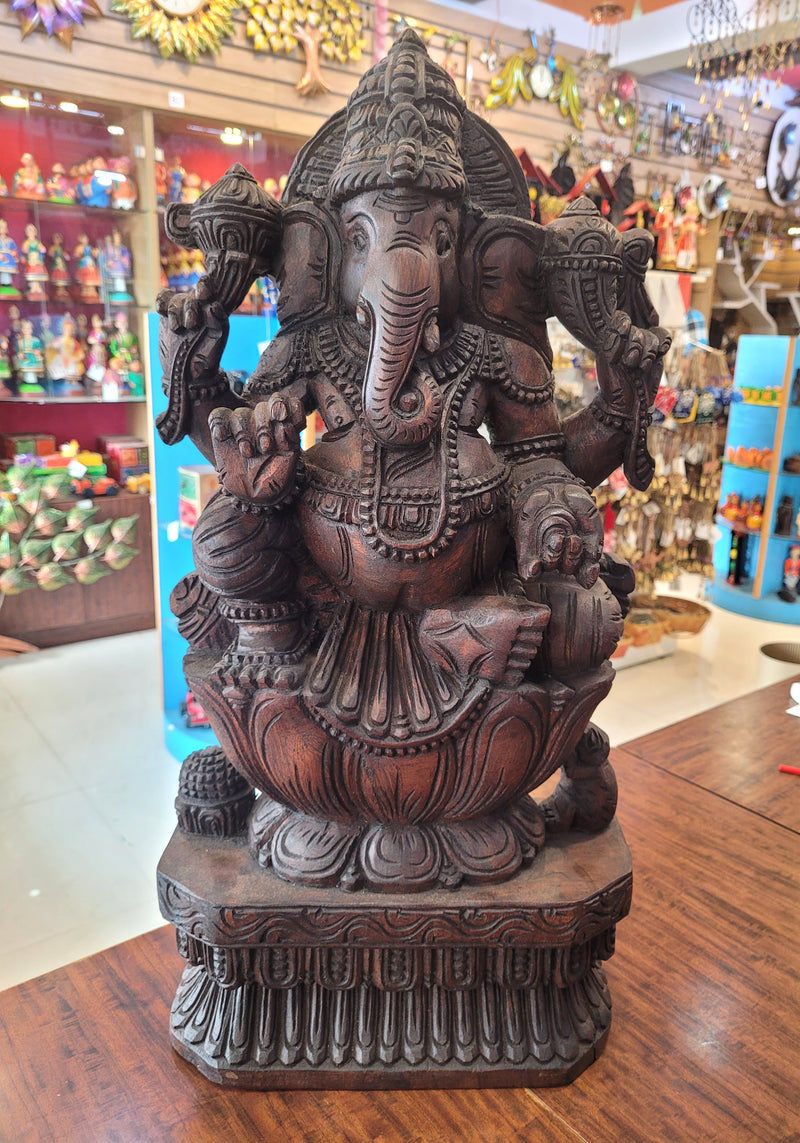 Lord Ganesha Vinayagar Big Wooden Statue Sculpture Idol Rosewood Colour 24 Inch design 1 Pooja Idol Table Decor Vagai Wood Carving Traditional Chettinad Indian Handicrafts (24 H x 12 L x 5 W inches)