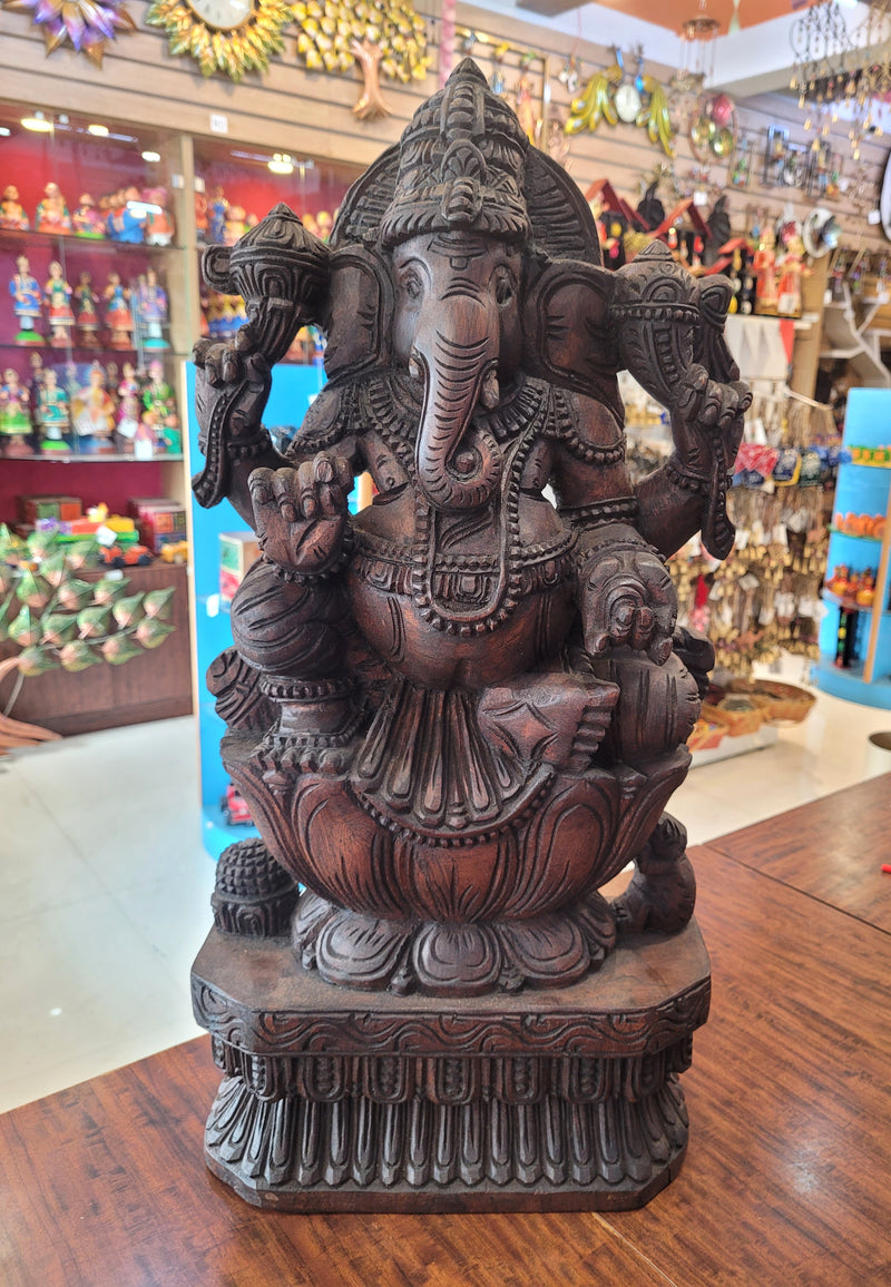 Lord Ganesha Vinayagar Big Wooden Statue Sculpture Idol Rosewood Colour 24 Inch design 1 Pooja Idol Table Decor Vagai Wood Carving Traditional Chettinad Indian Handicrafts (24 H x 12 L x 5 W inches)