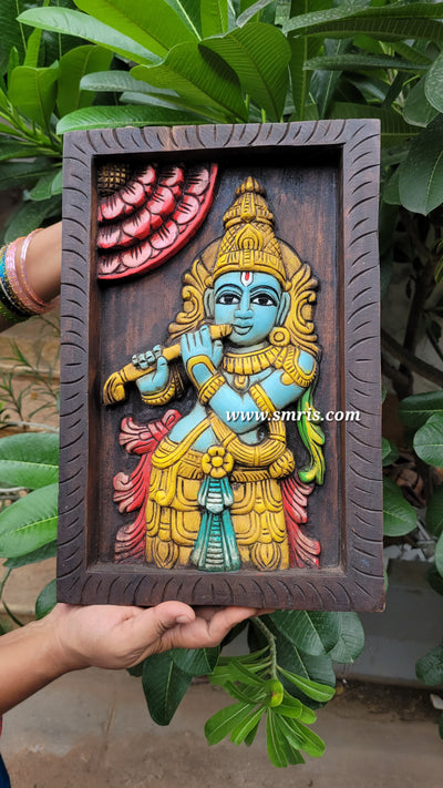 Lord Krishna Playing Flute Wooden Wall Panel Frame 15 Inch Wall Hanging Mahogany Wood Carving Puja Room Decor Traditional Chettinad Indian Handicrafts (15 H x 10 L x 2 W Inches)