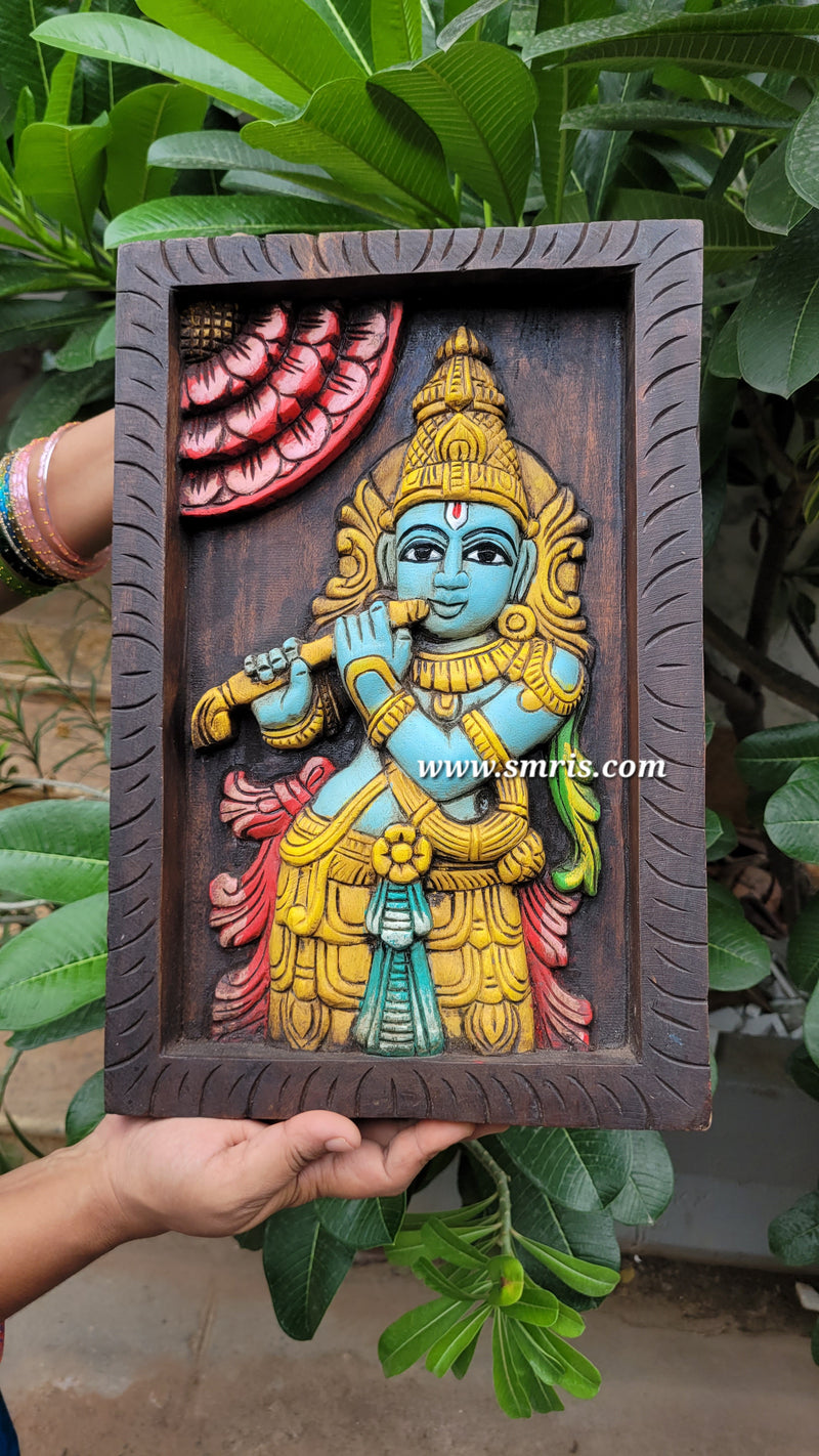 Lord Krishna Playing Flute Wooden Wall Panel Frame 15 Inch Wall Hanging Mahogany Wood Carving Puja Room Decor Traditional Chettinad Indian Handicrafts (15 H x 10 L x 2 W Inches)
