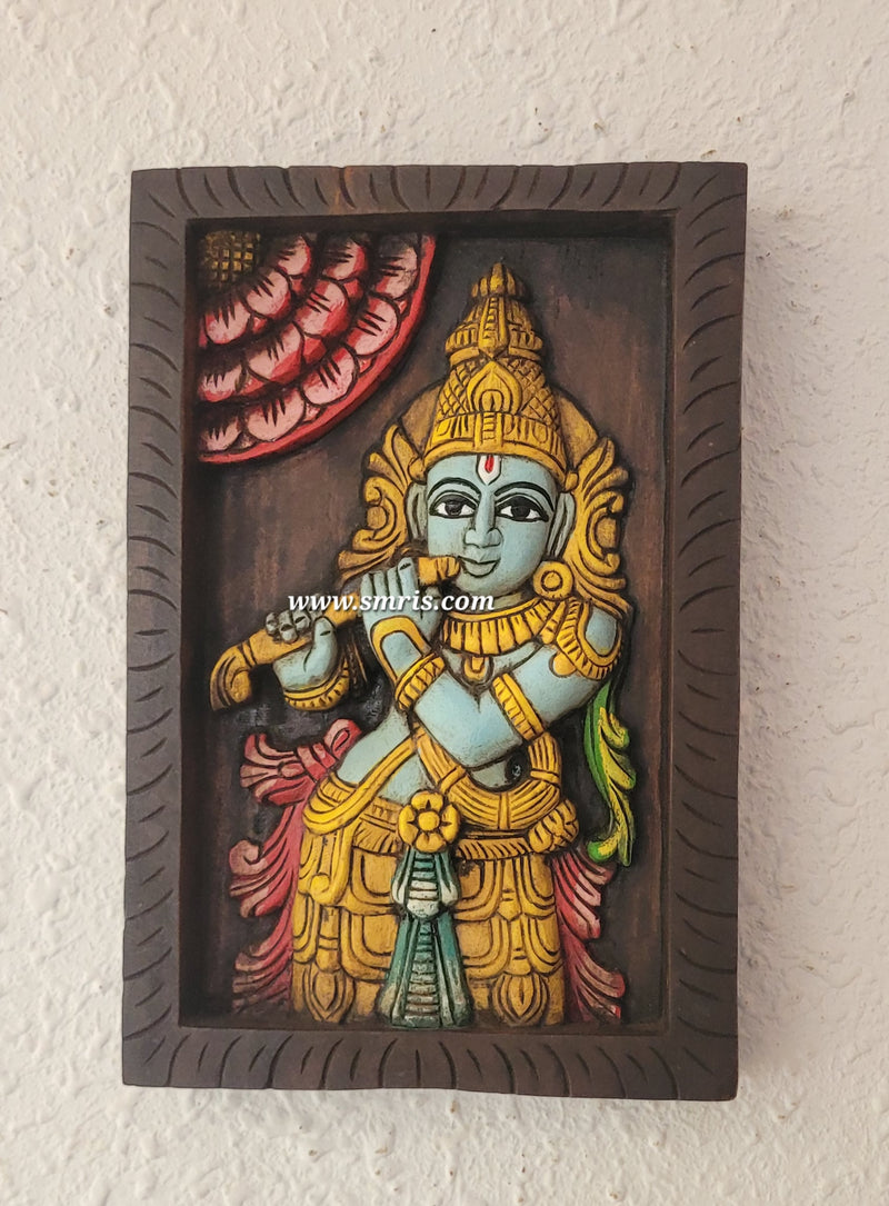 Lord Krishna Playing Flute Wooden Wall Panel Frame 15 Inch Wall Hanging Mahogany Wood Carving Puja Room Decor Traditional Chettinad Indian Handicrafts (15 H x 10 L x 2 W Inches)