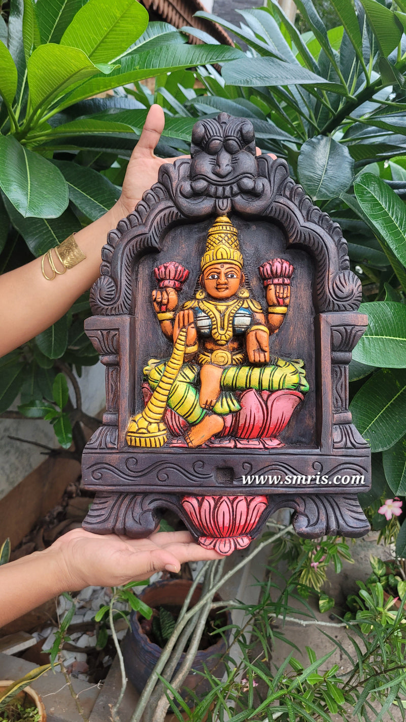 Goddess Lakshmi Wooden Kavadi Wall Panel Mahogany Wooden Carving Wall Frame Hanging Decor Traditional Chettinad Indian Handicrafts (18H x 11.5L x 2W Inches)